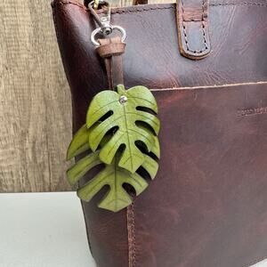 Leather Purse Charm Monstera Plant Bag Charm Genuine Leather Purse Keychain NEW